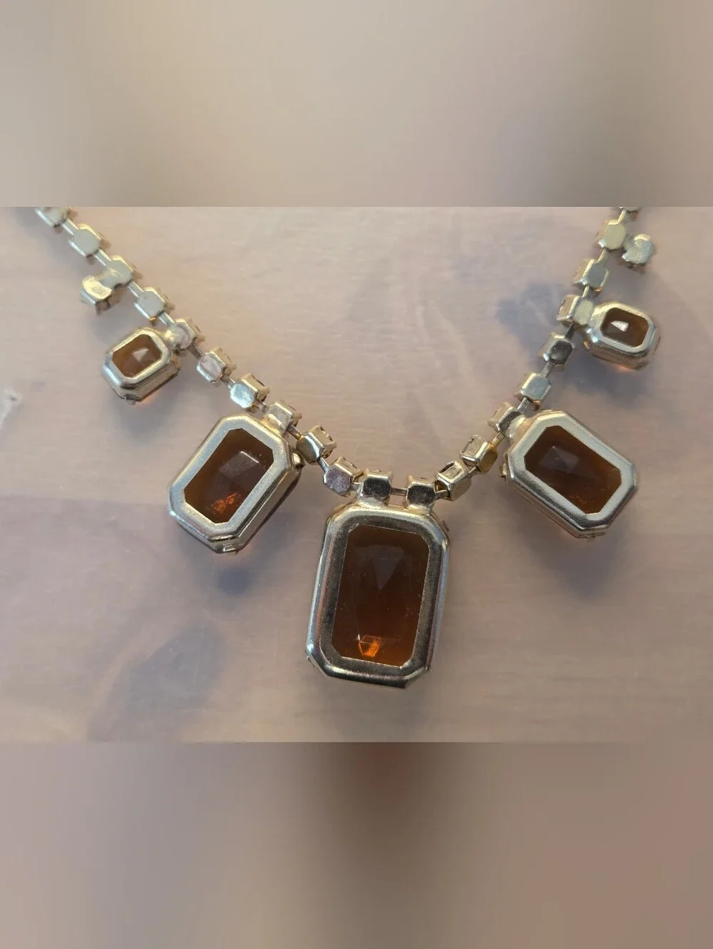 Vintage Amber Glass Rhinestone Necklace Bracelet Demi Parure Set